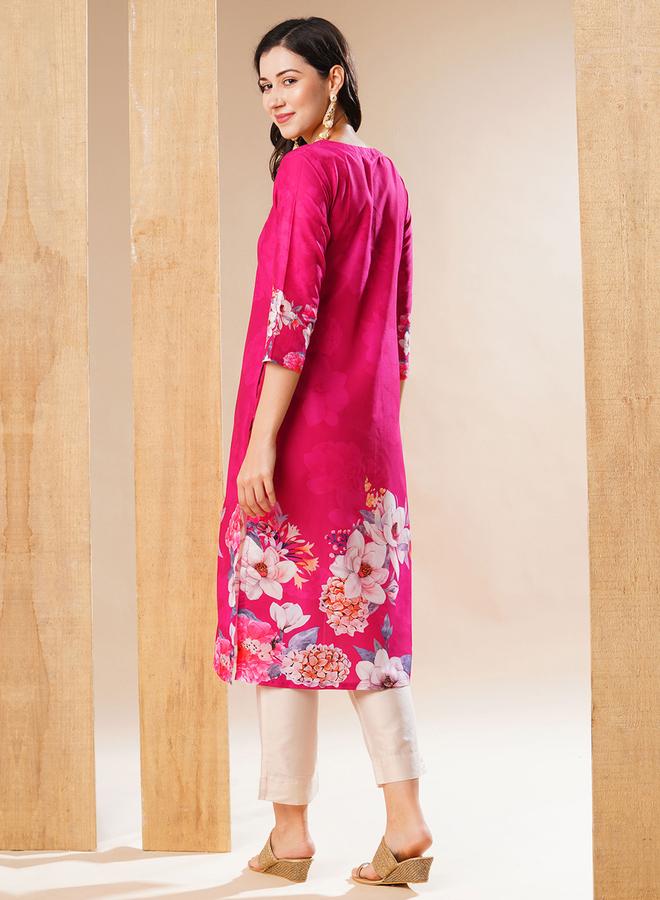 globus Floral Print V Neck Straight Kurta - Image 2